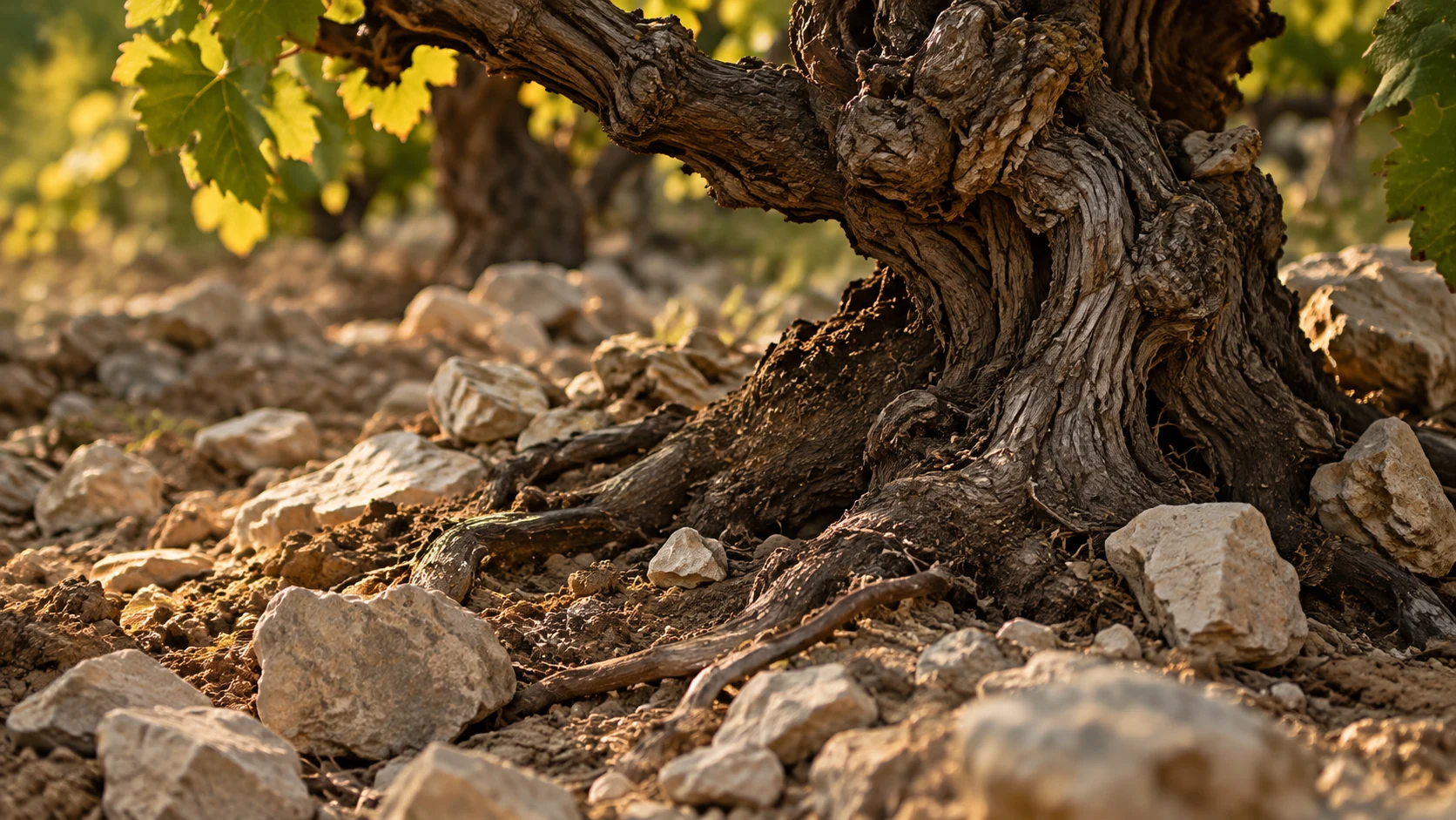Escena editorial ilustrativa de una vid sobre suelo pedregoso; no corresponde a un terroir específico.